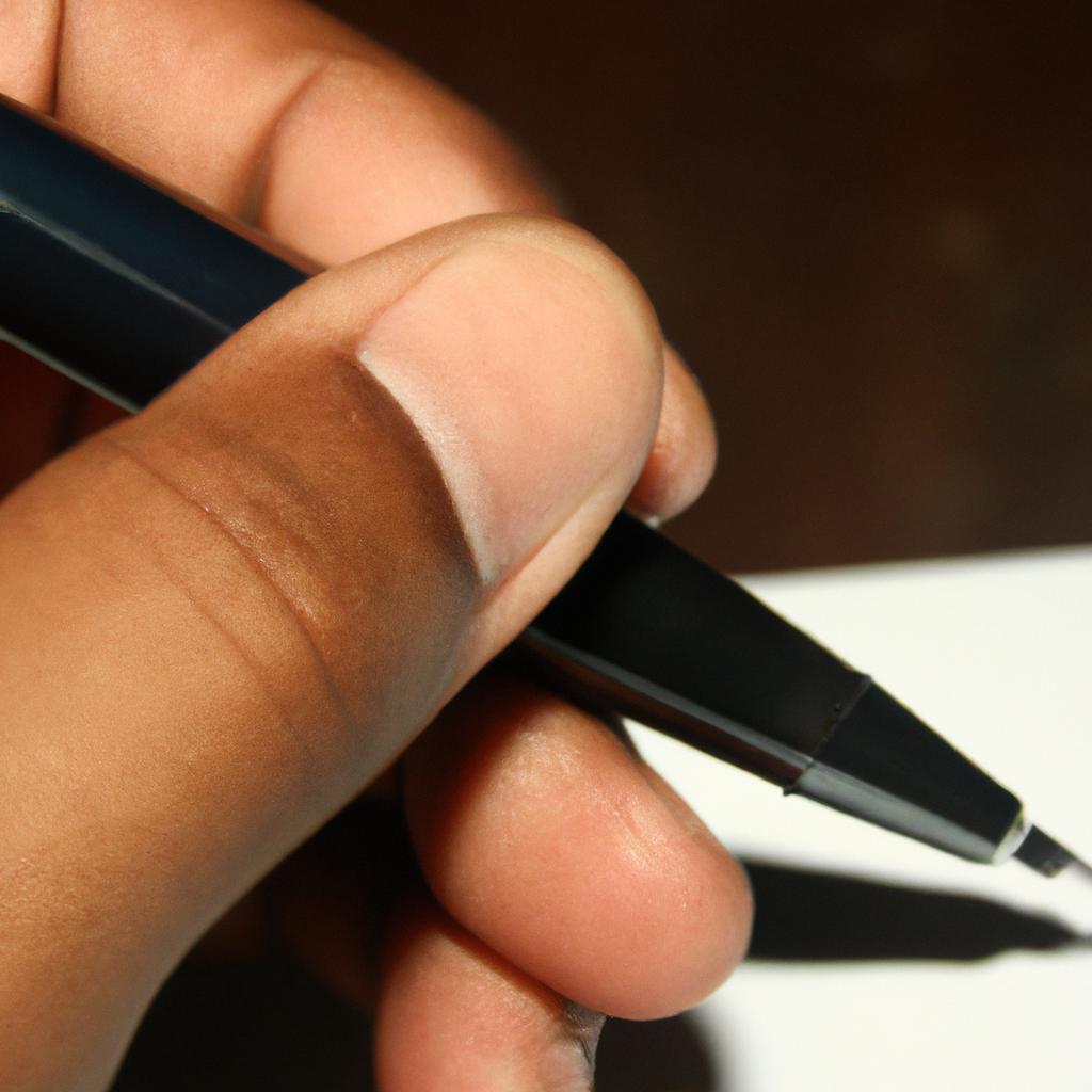 Person holding a pen, writing